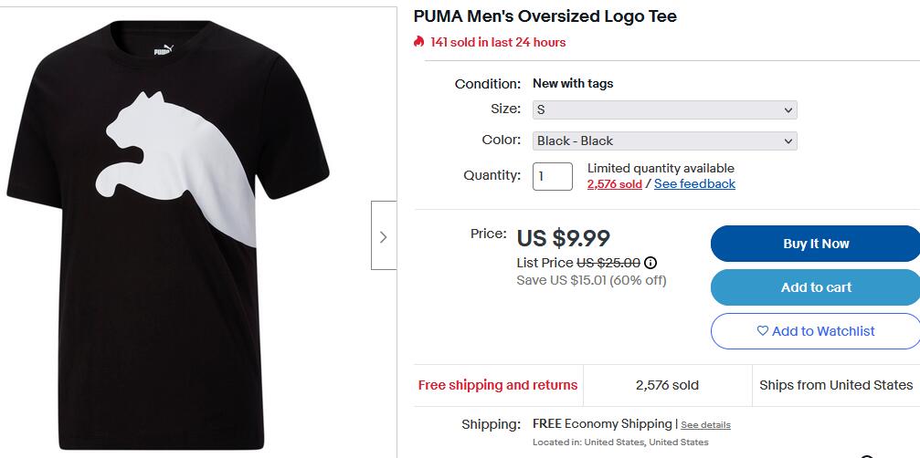 PUMA彪馬經典美洲獅男士T恤 海淘降至4折價$9.99